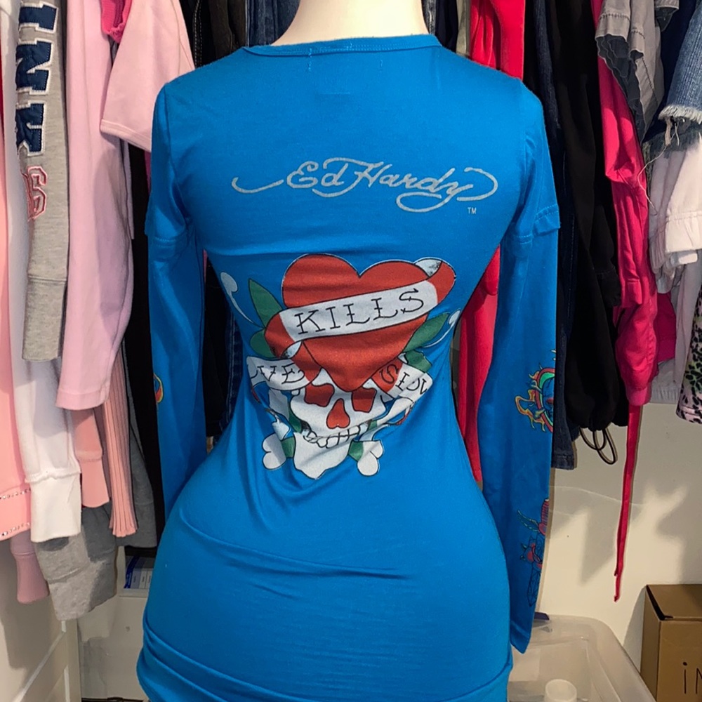 Ed Hardy 2000s Skull Heart With Wings Blue Graphic Long Sleeve V Neck